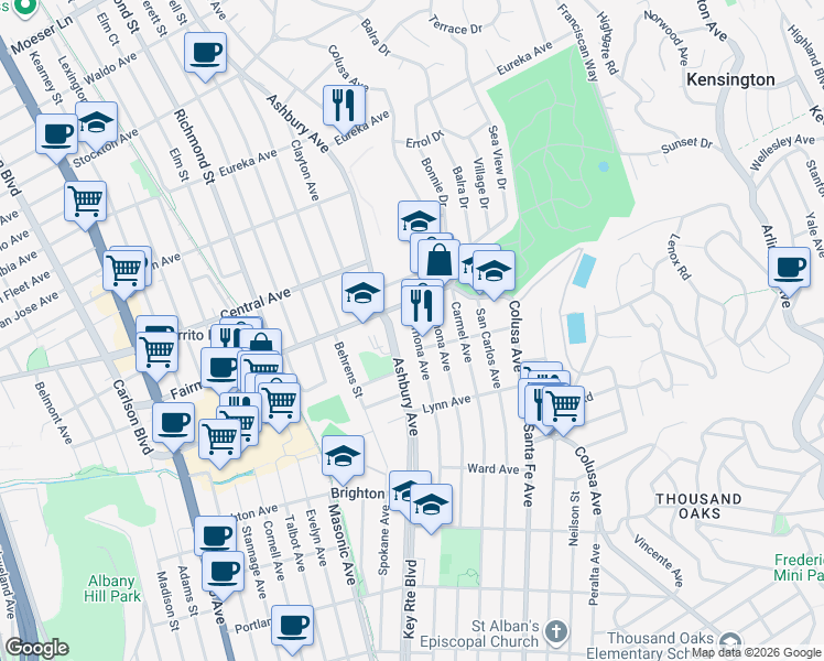 map of restaurants, bars, coffee shops, grocery stores, and more near 333 Ramona Avenue in El Cerrito