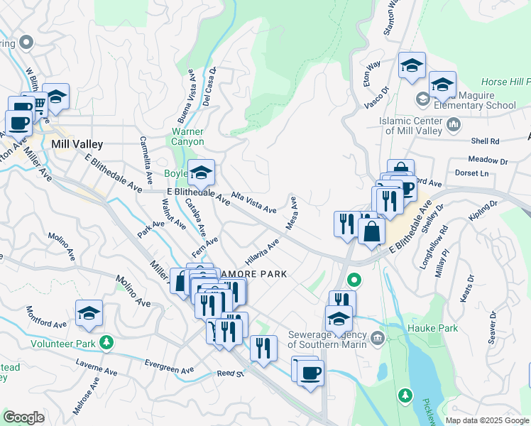 map of restaurants, bars, coffee shops, grocery stores, and more near 16 Avon Avenue in Mill Valley