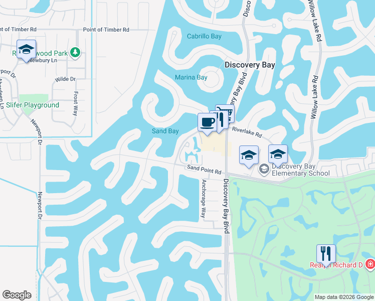 map of restaurants, bars, coffee shops, grocery stores, and more near 2077 Sand Point Road in Discovery Bay