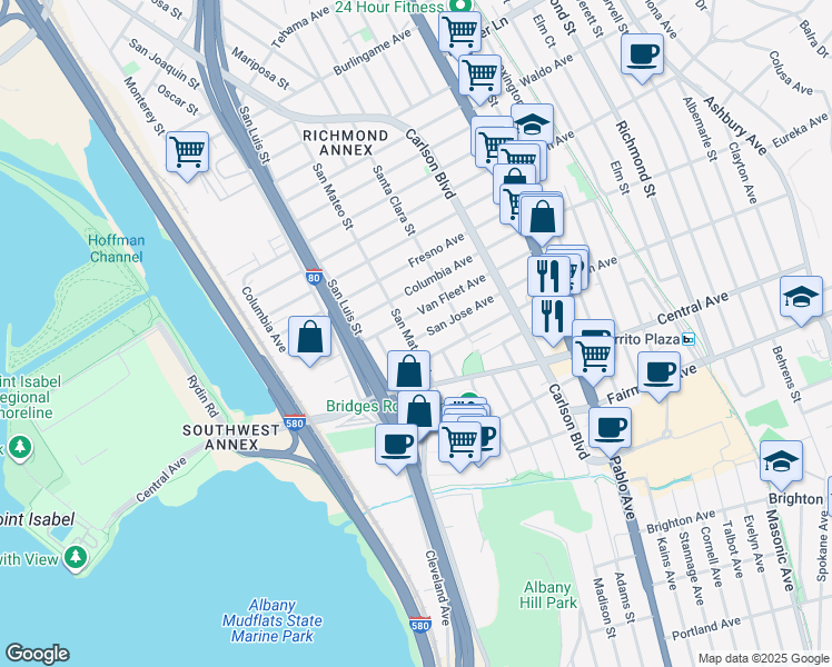 map of restaurants, bars, coffee shops, grocery stores, and more near 2718 San Mateo Street in Richmond