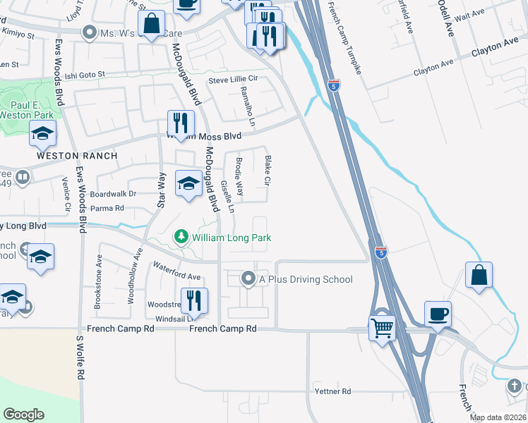 map of restaurants, bars, coffee shops, grocery stores, and more near 4282 Blake Circle in Stockton