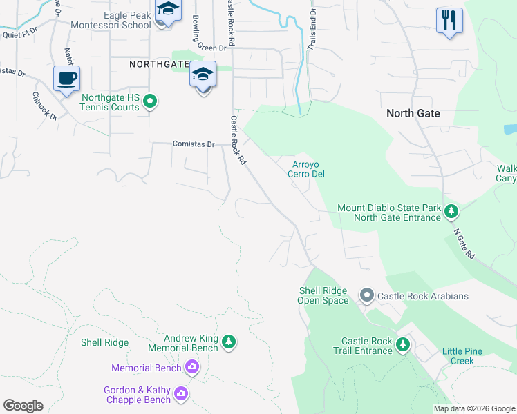 map of restaurants, bars, coffee shops, grocery stores, and more near 685 Castle Rock Road in Walnut Creek