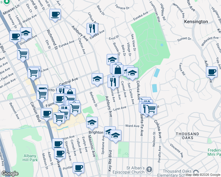 map of restaurants, bars, coffee shops, grocery stores, and more near 333 Ramona Avenue in El Cerrito
