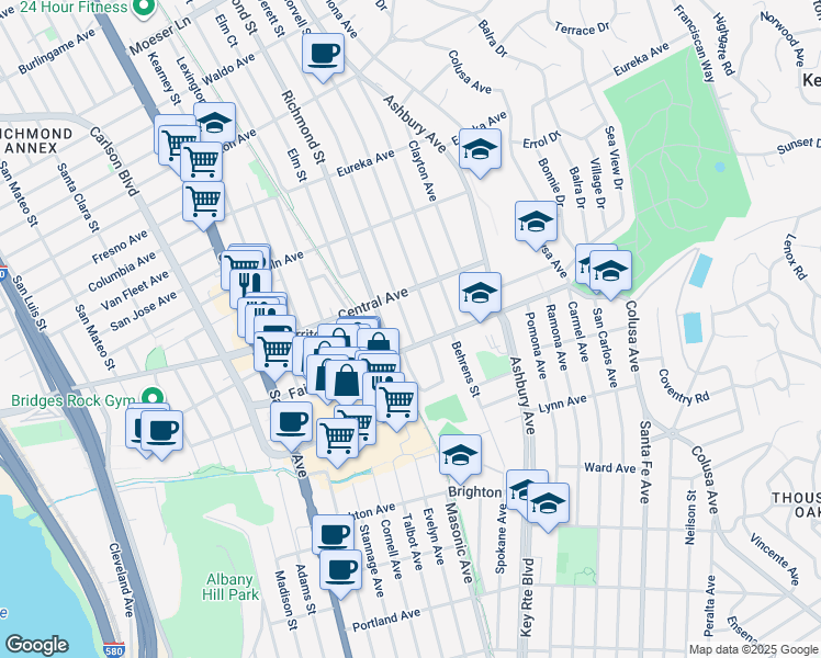 map of restaurants, bars, coffee shops, grocery stores, and more near 441 Everett Street in El Cerrito