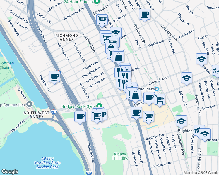 map of restaurants, bars, coffee shops, grocery stores, and more near 3000 Carlson Boulevard in El Cerrito
