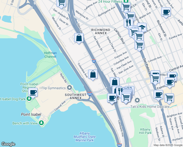 map of restaurants, bars, coffee shops, grocery stores, and more near 5210 Sacramento Avenue in Richmond