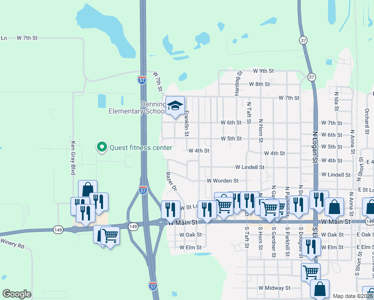 map of restaurants, bars, coffee shops, grocery stores, and more near 1146-1298 W 5th St in West Frankfort