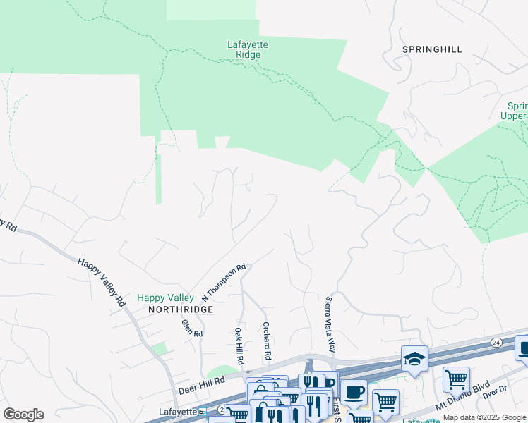 map of restaurants, bars, coffee shops, grocery stores, and more near 1183 Glen Road in Lafayette