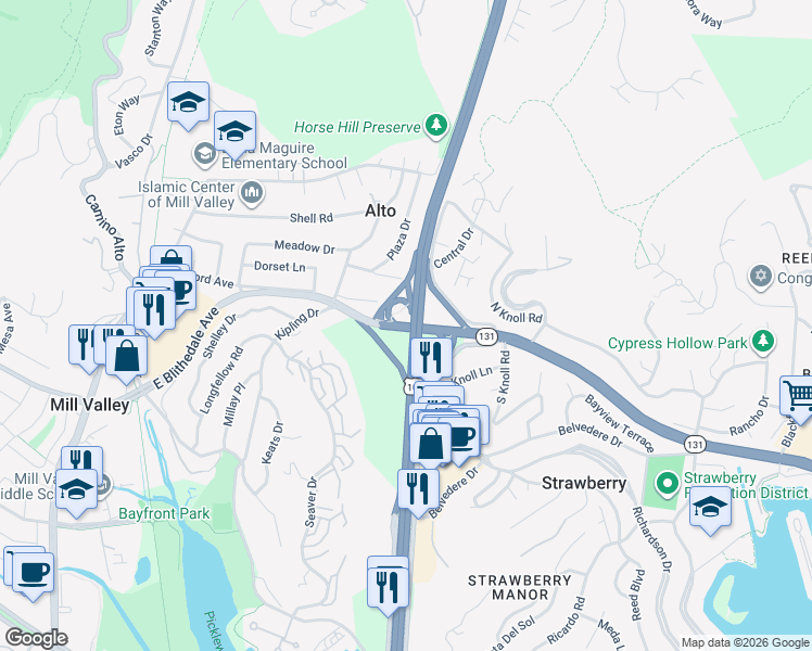 map of restaurants, bars, coffee shops, grocery stores, and more near in Marin County