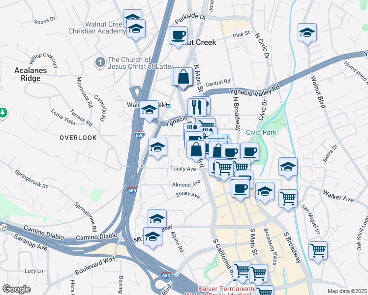 map of restaurants, bars, coffee shops, grocery stores, and more near 1756 Cole Avenue in Walnut Creek
