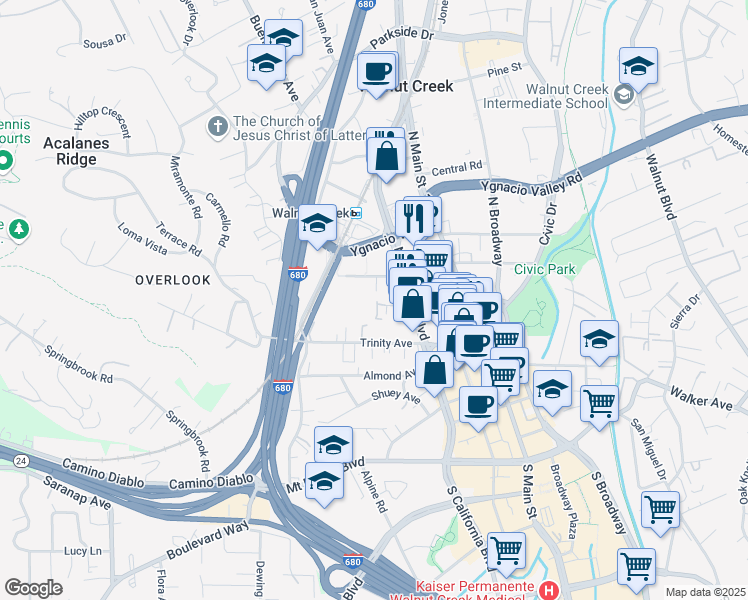 map of restaurants, bars, coffee shops, grocery stores, and more near 1806 Cole Avenue in Walnut Creek