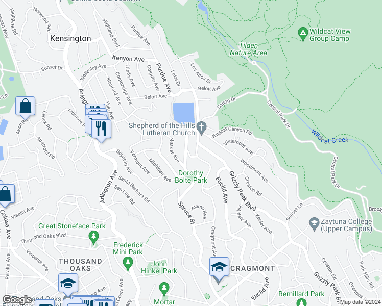 map of restaurants, bars, coffee shops, grocery stores, and more near 45 Alta Road in Berkeley