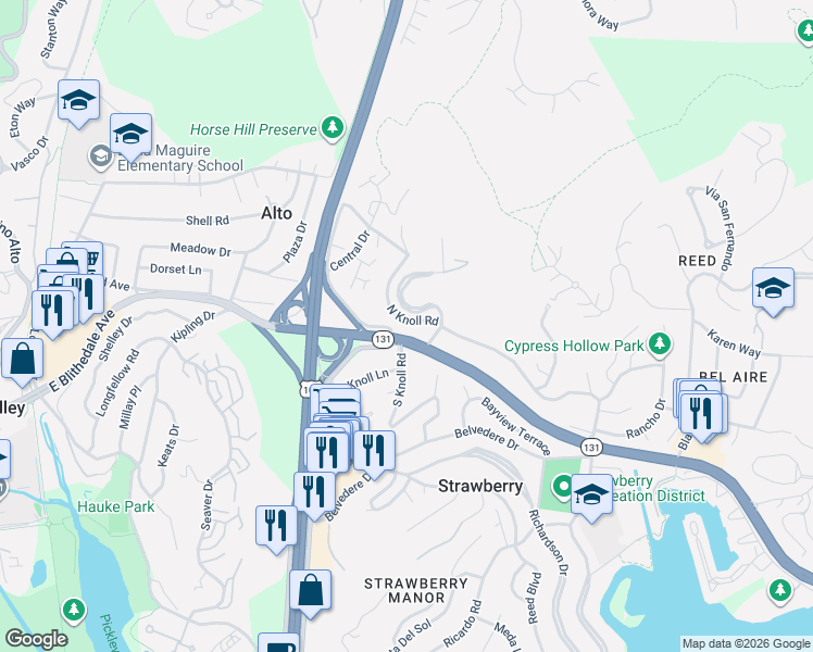 map of restaurants, bars, coffee shops, grocery stores, and more near 10 Eagle Rock Road in Mill Valley