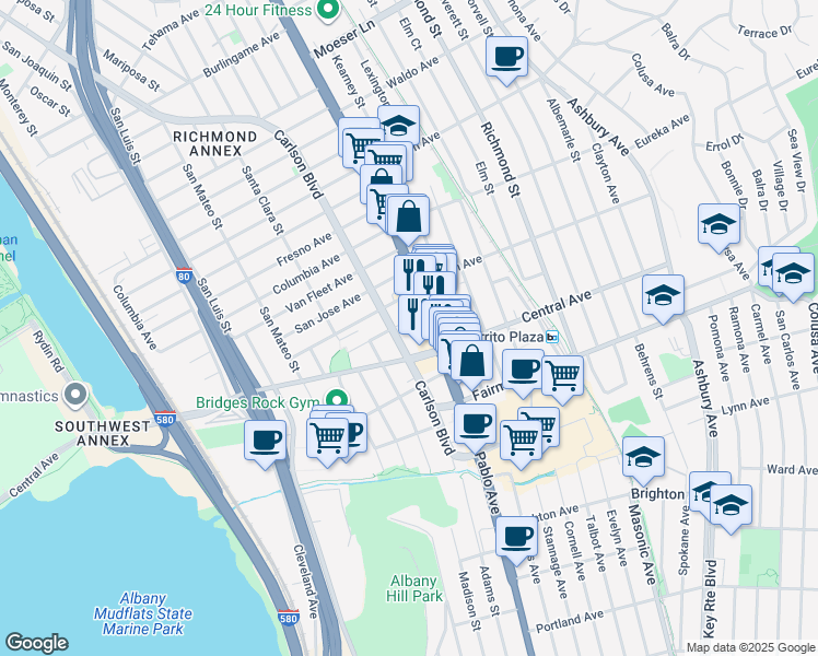 map of restaurants, bars, coffee shops, grocery stores, and more near 6016 Avila Street in El Cerrito