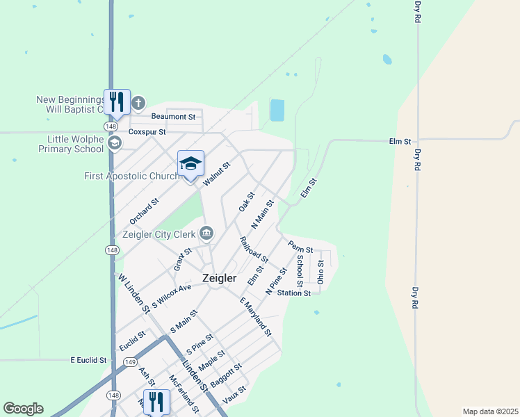map of restaurants, bars, coffee shops, grocery stores, and more near Coxspur Street in Zeigler