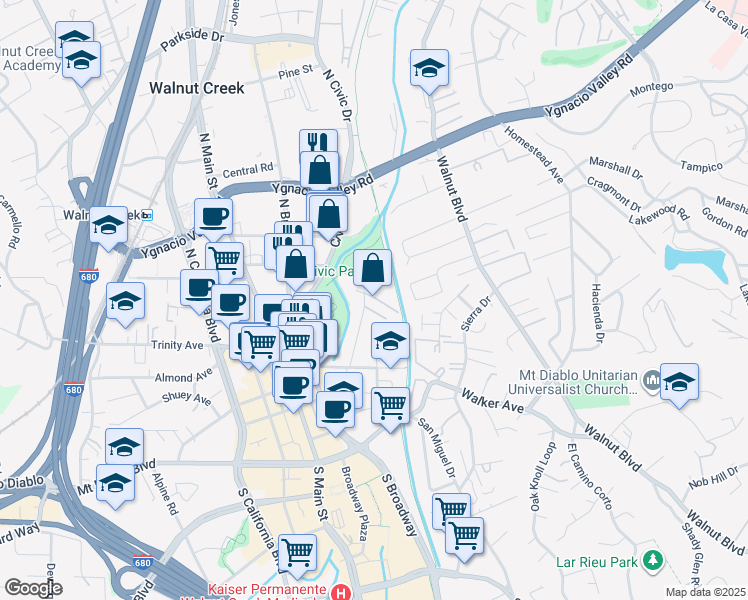 map of restaurants, bars, coffee shops, grocery stores, and more near 1761 Carmel Drive in Walnut Creek