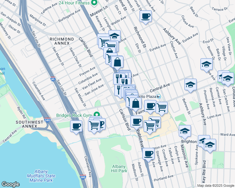 map of restaurants, bars, coffee shops, grocery stores, and more near 6016 Avila Street in El Cerrito