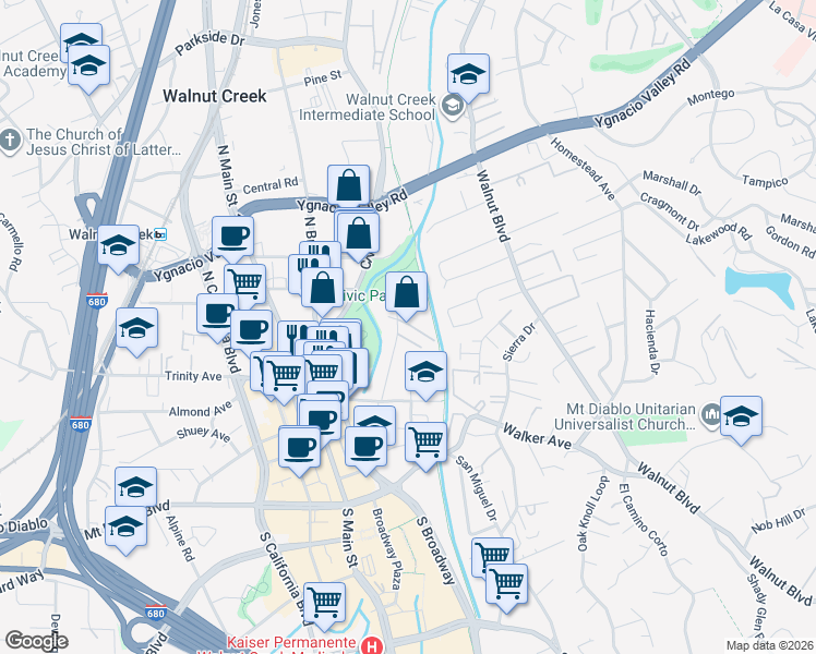 map of restaurants, bars, coffee shops, grocery stores, and more near 1761 Carmel Drive in Walnut Creek