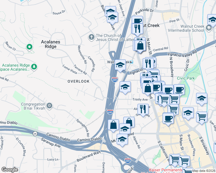 map of restaurants, bars, coffee shops, grocery stores, and more near 111 Vista Hermosa in Walnut Creek