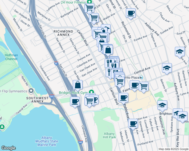 map of restaurants, bars, coffee shops, grocery stores, and more near 5832 San Jose Avenue in Richmond