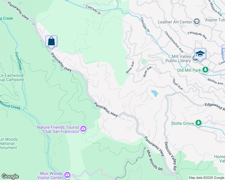 map of restaurants, bars, coffee shops, grocery stores, and more near 658 Edgewood Avenue in Mill Valley