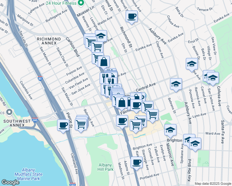 map of restaurants, bars, coffee shops, grocery stores, and more near 511 Kearney Street in El Cerrito