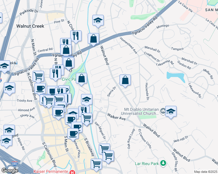 map of restaurants, bars, coffee shops, grocery stores, and more near 114 Sharene Lane in Walnut Creek