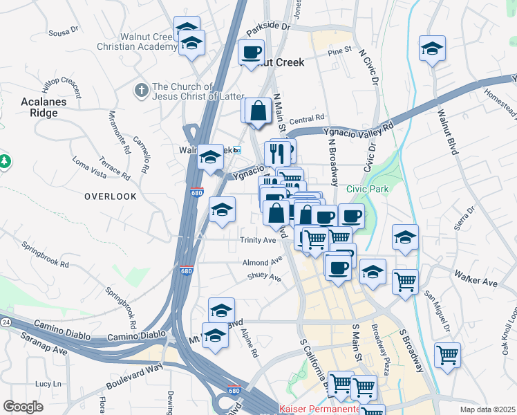 map of restaurants, bars, coffee shops, grocery stores, and more near 1756 Cole Avenue in Walnut Creek