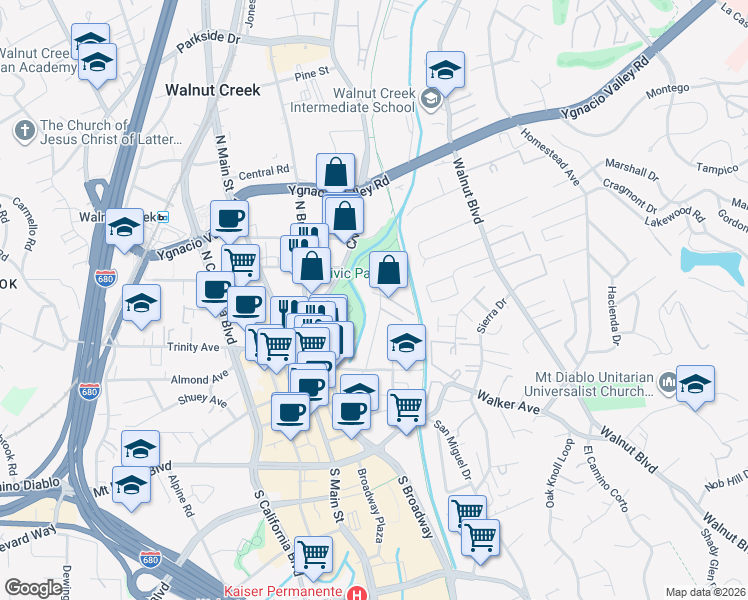 map of restaurants, bars, coffee shops, grocery stores, and more near 1761 Carmel Drive in Walnut Creek