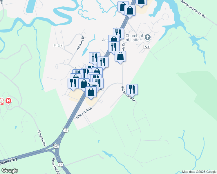 map of restaurants, bars, coffee shops, grocery stores, and more near White Oak Drive in Tappahannock