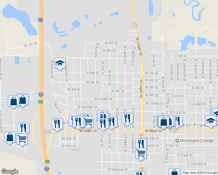 map of restaurants, bars, coffee shops, grocery stores, and more near 505 North Horn Street in West Frankfort