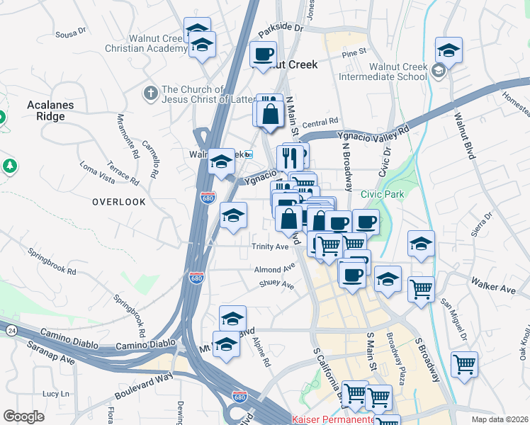 map of restaurants, bars, coffee shops, grocery stores, and more near 1802 Cole Avenue in Walnut Creek