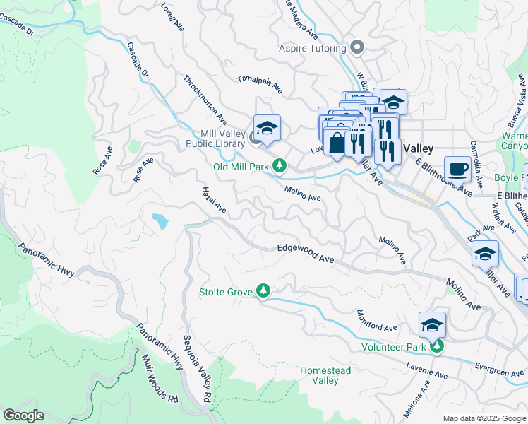 map of restaurants, bars, coffee shops, grocery stores, and more near Hazel Ave & Marion Ave in Mill Valley