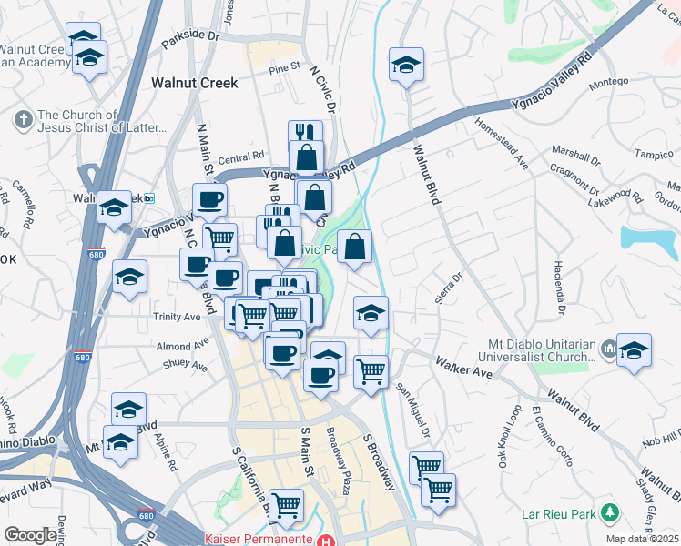 map of restaurants, bars, coffee shops, grocery stores, and more near 1761 Carmel Drive in Walnut Creek