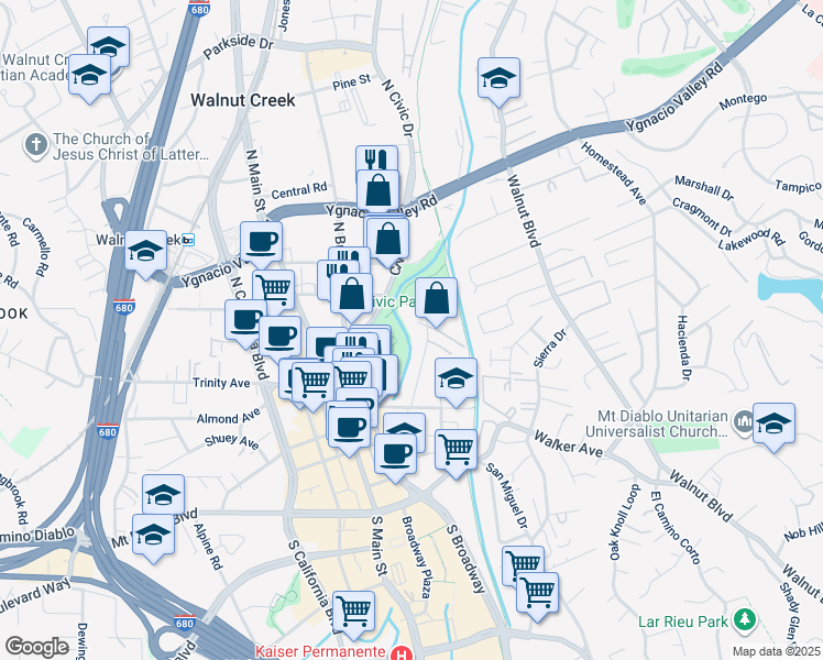 map of restaurants, bars, coffee shops, grocery stores, and more near 1761 Carmel Drive in Walnut Creek