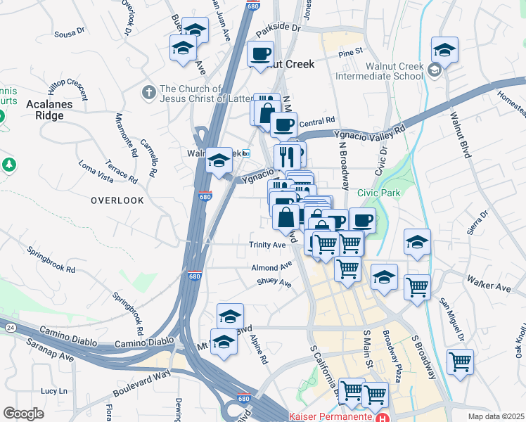 map of restaurants, bars, coffee shops, grocery stores, and more near 1753 Lacassie Avenue in Walnut Creek