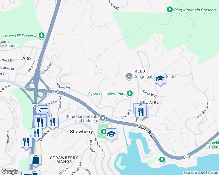 map of restaurants, bars, coffee shops, grocery stores, and more near 77 Via Los Altos in Tiburon