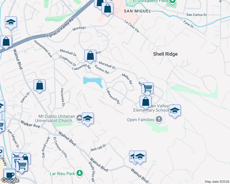 map of restaurants, bars, coffee shops, grocery stores, and more near 411 La Vista Road in Walnut Creek