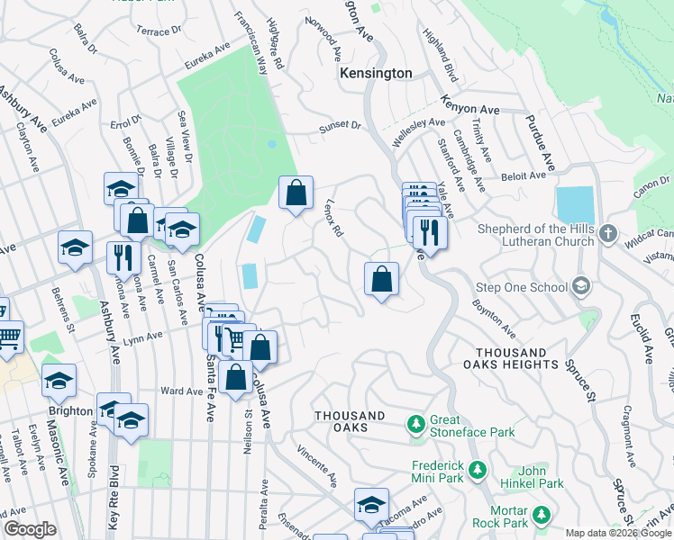 map of restaurants, bars, coffee shops, grocery stores, and more near 85 Stratford Road in Kensington