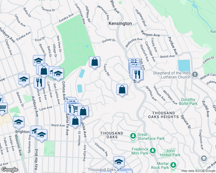 map of restaurants, bars, coffee shops, grocery stores, and more near 85 Stratford Road in Kensington