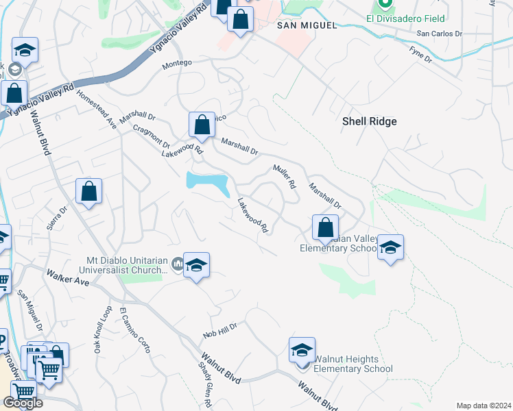 map of restaurants, bars, coffee shops, grocery stores, and more near 411 La Vista Road in Walnut Creek