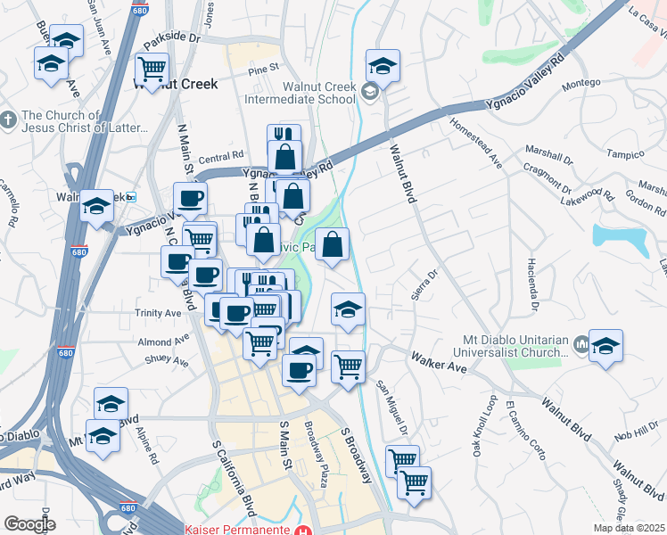 map of restaurants, bars, coffee shops, grocery stores, and more near 1761 Carmel Drive in Walnut Creek