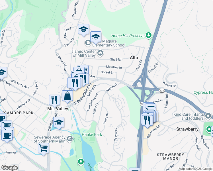 map of restaurants, bars, coffee shops, grocery stores, and more near 30 Shelley Drive in Mill Valley