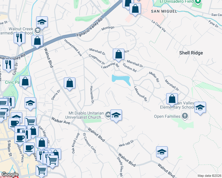 map of restaurants, bars, coffee shops, grocery stores, and more near 131 La Bolsa Road in Walnut Creek