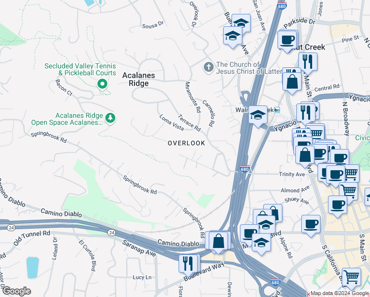 map of restaurants, bars, coffee shops, grocery stores, and more near 2320 Oakvale Road in Walnut Creek