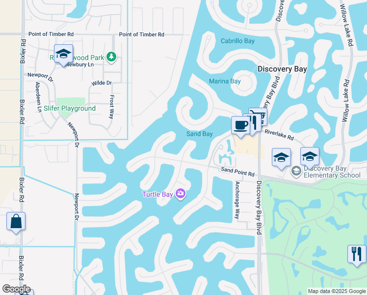 map of restaurants, bars, coffee shops, grocery stores, and more near 1642 Dune Point Court in Discovery Bay