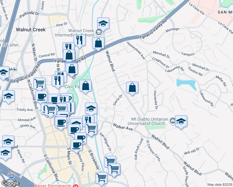 map of restaurants, bars, coffee shops, grocery stores, and more near 114 Sharene Lane in Walnut Creek