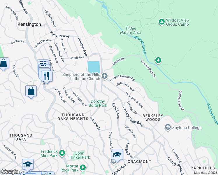 map of restaurants, bars, coffee shops, grocery stores, and more near 495 Grizzly Peak Boulevard in Berkeley
