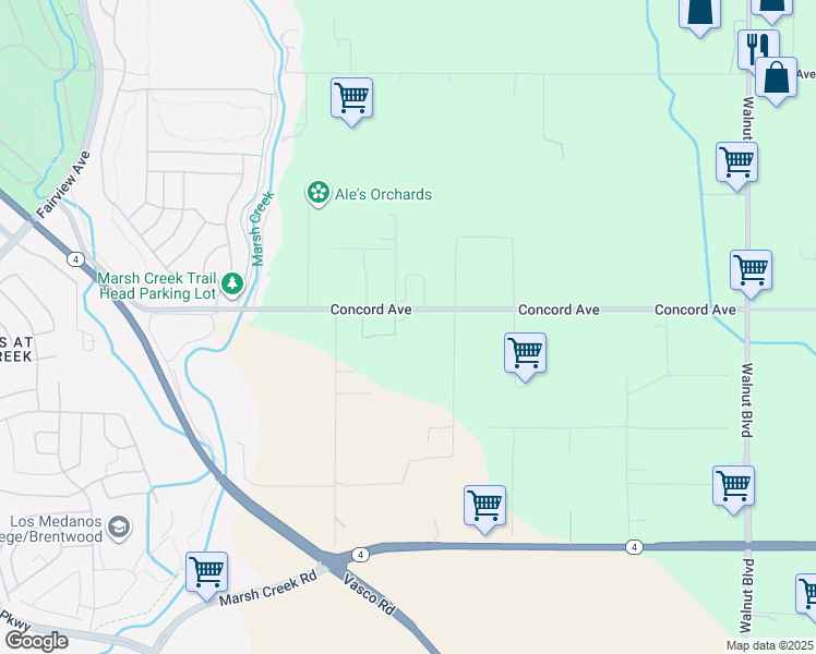 map of restaurants, bars, coffee shops, grocery stores, and more near 2280 Concord Avenue in Brentwood