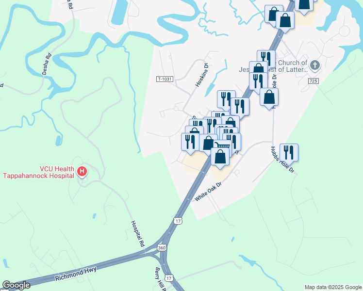 map of restaurants, bars, coffee shops, grocery stores, and more near 1139 Settlers Landing Drive in Tappahannock